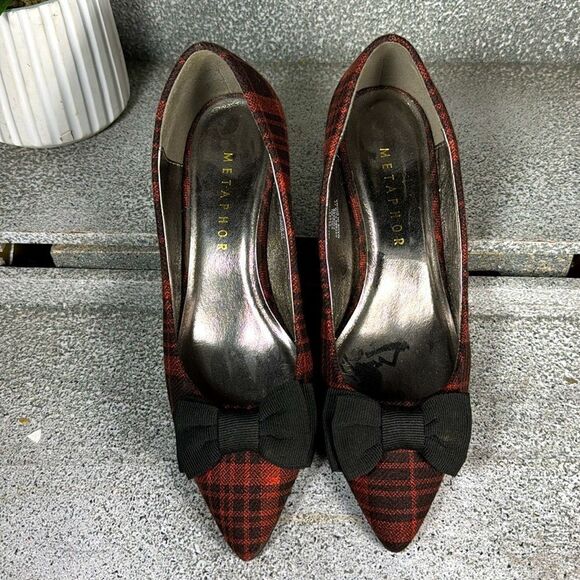 Metaphor Red Plaid Fleece Kitten Heels With Bow Size 6 Holiday Winter - Picture 5 of 7